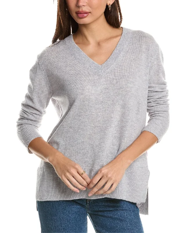 Forte Cashmere High-Low Seamed V-Neck Cashmere Sweater