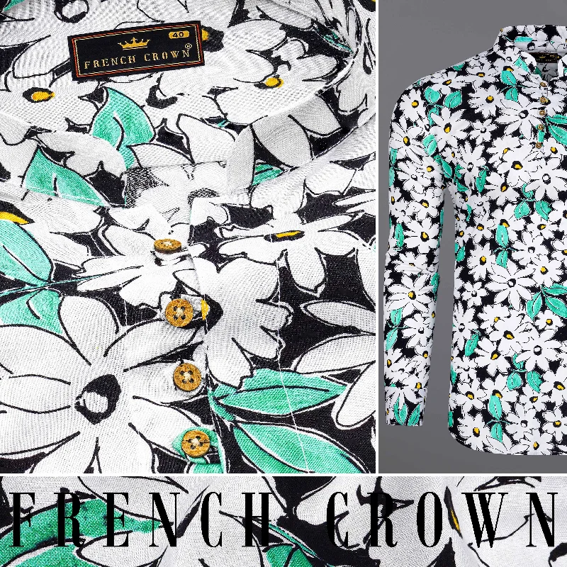 Bright White and Jade Black Floral Printed Premium Tencel Kurta Shirt