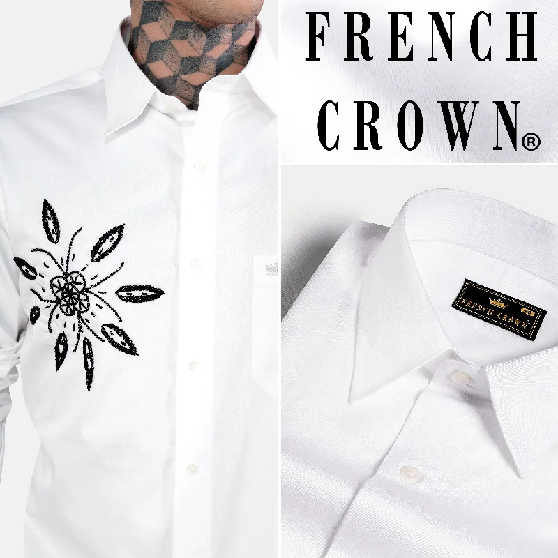 Bright White Floral Hand Stitched with Tikki Work Subtle Sheen Super Soft Premium Cotton Designer Shirt