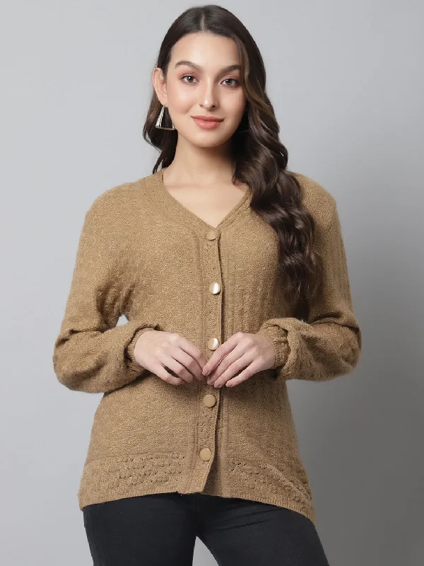 Women's Casual  Beige V neck Cardigan Sweater