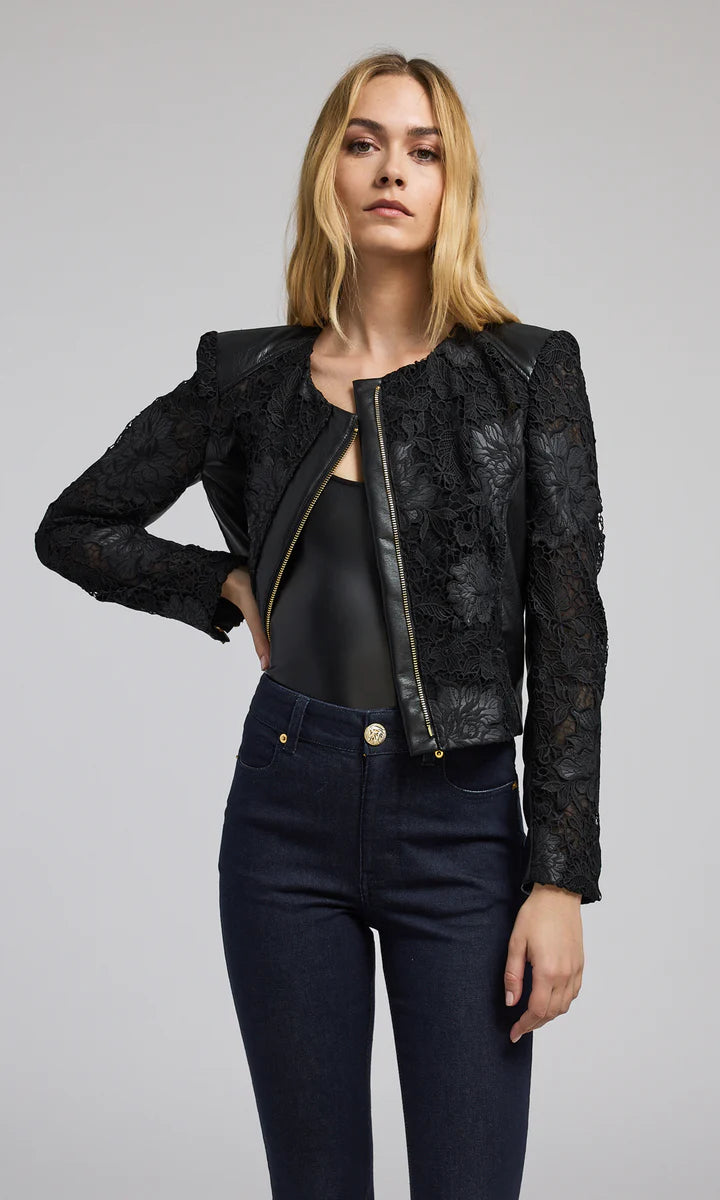 Dalma Vegan Leather Guipure Jacket - Black