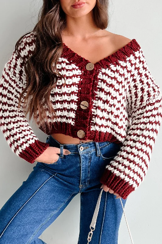 DOORBUSTER Easy Aspirations Chunky Striped Cardigan (Burgundy/White)