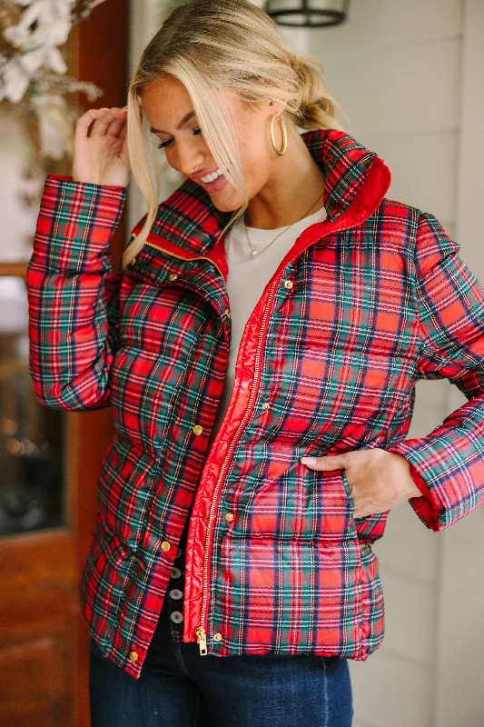 More The Merrier Red Tartan Plaid Puffer Jacket